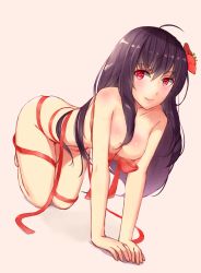 Rule 34 | 1girl, ahoge, all fours, alternate hair color, bad id, bad pixiv id, bare legs, bare shoulders, barefoot, black hair, blush, breasts, cleavage, collarbone, fate/grand order, fate (series), female focus, flower, full body, grin, hair between eyes, hair flower, hair ornament, heart, heart-shaped pupils, highres, legs, long hair, looking at viewer, medium breasts, naked ribbon, parted lips, pink background, red eyes, red flower, red ribbon, ribbon, scathach (fate), shiny skin, simple background, smile, solo, symbol-shaped pupils, type-moon, very long hair