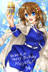 Rule 34 | 1girl, beer can, belt, blue jacket, blue necktie, blue skirt, can, character name, coat, coat on shoulders, commentary request, dated, dress shirt, drink can, english text, froth, hair ornament, hairclip, hand on own hip, happy birthday, highres, holding, holding can, jacket, long sleeves, looking at viewer, lyrical nanoha, magic circle, mahou senki lyrical nanoha force, medium hair, military, military uniform, miniskirt, necktie, open mouth, pantyhose, partial commentary, pencil skirt, san-pon, shirt, side slit, skirt, smile, solo, standing, trench coat, tsab naval military uniform, twitter username, uniform, white belt, white coat, white pantyhose, white shirt, x hair ornament, yagami hayate