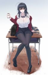 Rule 34 | 1girl, absurdres, azur lane, bag, black bow, black bowtie, black footwear, black hair, black pantyhose, black skirt, blush, bow, bowtie, breasts, cellphone, cleavage, crossed bangs, desk, dido (magicc), full body, highres, jacket, large breasts, long hair, long sleeves, looking at viewer, pantyhose, parted lips, phone, purple eyes, red jacket, school uniform, shirt, shoes, shoulder bag, sitting, skirt, smartphone, solo, taihou (azur lane), taihou (sweet time after school) (azur lane), white shirt