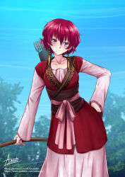 Rule 34 | 1girl, adsouto, akatsuki no yona, animal ears, arrow (projectile), bow (weapon), breasts, collarbone, contrapposto, earrings, fake animal ears, hand on own hip, highres, holding, holding bow (weapon), holding weapon, jewelry, leotard, looking at viewer, medium breasts, playboy bunny, purple eyes, quiver, rabbit ears, red hair, sash, short hair, signature, smile, solo, weapon, yona (akatsuki no yona)