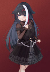 Rule 34 | azur lane, belt, black belt, black collar, black dress, black hair, black ribbon, black sash, blue eyes, blunt bangs, blush, chain, clenched hand, collar, commentary request, crossed legs, deutschland (azur lane), deutschland (demon princess&#039; dark hour banquet) (azur lane), dress, dress straps, eyebrows, eyes visible through hair, fang, fingers together, frilled dress, frills, from side, hair between eyes, hand on own chest, happy, head tilt, highres, long hair, long sleeves, looking at viewer, mashiro03, multicolored hair, o-ring, o-ring belt, o-ring suspenders, off-shoulder dress, off shoulder, official alternate costume, red background, red hair, ribbon, sash, see-through, see-through dress, see-through sleeves, sidelocks, simple background, sleeve ribbon, sleeves past elbows, smile, solo, strap, streaked hair, white hair