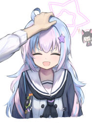 Rule 34 | !, !!, 1girl, 1other, 3ni3ni, black jacket, black neckerchief, blue archive, blue hair, chibi, chibi inset, closed eyes, commentary, cropped torso, facing viewer, hair ornament, halo, hand on another&#039;s head, headpat, jacket, kazusa (blue archive), long hair, multicolored hair, neckerchief, open mouth, pink hair, pov, pov hands, reisa (blue archive), school uniform, simple background, smile, solo focus, star (symbol), star hair ornament, star halo, straight-on, two-tone hair, upper body, v-shaped eyebrows, white background