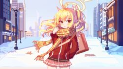 Rule 34 | 1girl, blonde hair, blue archive, blush, brown eyes, commentary, cowboy shot, halo, hand in pocket, highres, jacket, long sleeves, miniskirt, outdoors, parted lips, pink skirt, pixel art, plaid, plaid scarf, pleated skirt, red jacket, scarf, skirt, snow, solo, tinia etru, twintails, winter, yellow halo, yoshimi (blue archive)