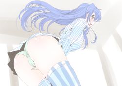 Rule 34 | 10s, 1girl, ass, between legs, blue hair, blush, frapowa, hand between legs, leaning forward, long hair, love live!, love live! school idol project, open mouth, panties, solo, sonoda umi, striped, thighhighs, underwear