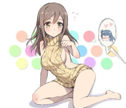 Rule 34 | 10s, 1girl, puff of air, aran sweater, backless dress, backless outfit, bare shoulders, blush, breasts, brown hair, cable knit, closed mouth, commentary request, dress, flying sweatdrops, full body, hair between eyes, halterneck, heart, kunikida hanamaru, large breasts, long hair, looking down, love live!, love live! sunshine!!, meme attire, naked sweater, polka dot, polka dot background, ribbed sweater, shadow, simple background, sitting, solo, speech bubble, sweater, sweater dress, tonee, tsushima yoshiko, turtleneck, turtleneck sweater, virgin killer sweater, white background, yellow eyes, yokozuwari