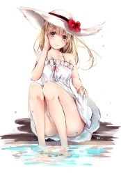 Rule 34 | 1girl, absurdres, ass, bare arms, bare legs, bare shoulders, blush, brown eyes, brown hair, closed mouth, collarbone, commentary request, dema hmw, dress, frilled dress, frills, hand on own cheek, hand on own face, hand up, hat, head tilt, highres, knees together feet apart, knees up, looking at viewer, original, panties, red ribbon, ribbon, simple background, sitting, skirt hold, sleeveless, sleeveless dress, smile, solo, sun hat, sundress, thighs, underwear, wading, water, white background, white dress, white hat, white panties