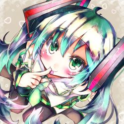Rule 34 | 1girl, blush, female focus, from above, hatsune miku, looking at viewer, looking up, skirt, smile, solo, thighhighs, tora, tora (torayarou), twintails, vocaloid