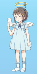 Rule 34 | 1girl, ano ko wa toshi densetsu, blue background, blue dress, blue hairband, blush, bobby socks, brown eyes, brown hair, cellphone, closed mouth, collared dress, dress, fake halo, feathered wings, full body, gomennasai, hair ornament, hairband, hairclip, halo, hand up, holding, holding phone, no shoes, phone, puffy short sleeves, puffy sleeves, short sleeves, simple background, socks, solo, standing, white socks, white wings, wings, zangyaku-san