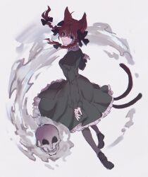 Rule 34 | 1girl, ahoge, animal ears, black bow, black footwear, black pantyhose, bow, braid, cat ears, cat tail, fingernails, floating skull, ghost, grey background, highres, hitodama, kaenbyou rin, looking at viewer, looking back, moshio962, multiple tails, pantyhose, puffy sleeves, red eyes, red hair, sharp fingernails, simple background, sketch, skull, tail, touhou, twin braids, two tails