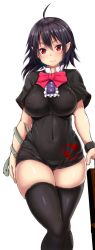 Rule 34 | 1girl, black dress, black hair, black thighhighs, bow, bowtie, breasts, covered erect nipples, covered navel, dress, ebi 193, houjuu nue, large breasts, light smile, looking at viewer, pointy ears, red bow, red bowtie, red eyes, short dress, short sleeves, simple background, snake, solo, standing, thick thighs, thighhighs, thighs, touhou, white background
