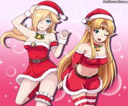 Rule 34 | 2girls, alternate costume, aqua eyes, arm up, arms behind back, bare shoulders, belt, blonde hair, breasts, christmas, circlet, cleavage, dress, female focus, gradient background, hair over one eye, hand up, hat, legband, legs, looking at viewer, mario (series), medium breasts, midriff, multiple girls, navel, nintendo, one eye closed, parted bangs, patdarux, pencil skirt, pointy ears, princess zelda, red dress, red skirt, red tube top, rosalina, santa costume, santa hat, sidelocks, skirt, standing, standing on one leg, strapless, strapless dress, striped legwear, super mario bros. 1, super mario galaxy, super smash bros., the legend of zelda, the legend of zelda: a link between worlds, thighhighs, tube dress, tube top, wink, wristband