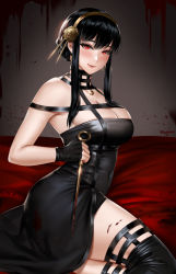 Rule 34 | 1girl, bare shoulders, black dress, black gloves, black hair, blood, blush, breasts, cleavage, dress, easonx, fingerless gloves, gloves, gold hairband, hairband, highres, holding, holding weapon, jewelry, large breasts, long hair, looking at viewer, red eyes, sidelocks, solo, spy x family, thighs, weapon, yor briar