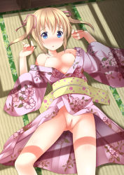 Rule 34 | 1girl, anus, blonde hair, blue eyes, breasts, breasts out, cleft of venus, highres, japanese clothes, kimono, lying, medium breasts, nekomushi, nipples, no panties, on back, original, pussy, short hair, solo, twintails, uncensored