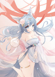 Rule 34 | 1girl, absurdres, animal ear fluff, asashio (azur lane), asashio (robes of dancing clouds) (azur lane), azur lane, bad id, bad pixiv id, bare shoulders, blue choker, blue eyes, blue hair, breasts, choker, cleavage, convenient censoring, dated, floating hair, flower, hair between eyes, hair flower, hair ornament, hand fan, highres, holding, holding fan, large breasts, long hair, looking at viewer, mofox, no panties, official alternate costume, oppai loli, red ribbon, ribbon, solo, standing, standing on one leg, thigh strap, wide sleeves
