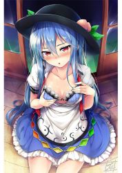 Rule 34 | 1girl, black hat, blue bra, blue hair, blue skirt, blush, bow, bow bra, bra, breasts, cleavage, collarbone, commentary request, fingernails, food, fruit, grabbing own breast, hair between eyes, hat, highres, hinanawi tenshi, lace, lace-trimmed bra, lace trim, long hair, looking at viewer, medium breasts, peach, puffy short sleeves, puffy sleeves, red eyes, short sleeves, sitting, skirt, solo, sweat, tirotata, touhou, underwear, very long hair