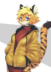 Rule 34 | 1girl, animal ears, animal nose, blonde hair, blue eyes, body fur, china dress, chinese clothes, drawstring, dress, furry, furry female, hair ornament, hairclip, hanadaiteol, hands in pockets, highres, hood, hood down, hooded jacket, jacket, looking at viewer, multicolored fur, open clothes, open jacket, original, red dress, short hair, slit pupils, smile, solo, striped fur, tail, tareme, tiger ears, tiger girl, tiger tail, x hair ornament, yellow jacket