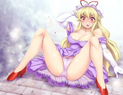 Rule 34 | 1girl, blonde hair, bow, bow panties, breasts, cleavage, commentary request, commission, dress, elbow gloves, fallen down, gloves, hair between eyes, hat, hat ribbon, high heels, large breasts, long hair, m legs, mob cap, mono (moiky), open mouth, panties, purple dress, purple panties, red eyes, red footwear, red ribbon, ribbon, sidelocks, skeb commission, solo, spread legs, surprised, sweat, touhou, underwear, upskirt, v-shaped eyebrows, white background, yakumo yukari