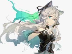 Rule 34 | 1girl, absurdres, ahoge, animal ears, arknights, bare shoulders, black choker, black dress, blue eyes, breasts, cat, cat ears, choker, dadijiji, dress, expressionless, floating hair, hair between eyes, highres, infection monitor (arknights), long hair, looking at viewer, mint (arknights), mint (elite ii) (arknights), off shoulder, parted lips, silver hair, simple background, sketch, sleeveless, sleeveless dress, small breasts, solo, upper body, wavy hair, white background