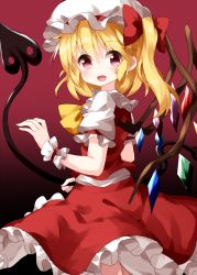 Rule 34 | 1girl, ascot, blonde hair, cowboy shot, crystal, flandre scarlet, frilled skirt, frills, from side, gradient background, hair between eyes, hat, hat ribbon, highres, holding, laevatein, looking at viewer, medium hair, mob cap, one side up, puffy short sleeves, puffy sleeves, red background, red eyes, red ribbon, red skirt, red vest, ribbon, ruu (tksymkw), shirt, short sleeves, side ponytail, skirt, skirt set, smile, solo, standing, touhou, vest, white hat, white shirt, wings, wrist cuffs, yellow ascot
