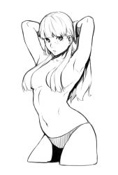 Rule 34 | 1girl, absurdres, armpits, blunt bangs, breasts, cowboy shot, cropped legs, dyun, greyscale, hair over breasts, hands in hair, highres, large breasts, long hair, looking at viewer, monochrome, navel, original, parted lips, simple background, solo, topless, white background