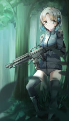 Rule 34 | 1girl, assault rifle, black thighhighs, blonde hair, boots, closed mouth, comah, day, forest, gloves, grey gloves, grey jacket, grey shorts, gun, headset, holding, holding gun, holding weapon, jacket, knee boots, long sleeves, nature, original, outdoors, rifle, short hair, short shorts, shorts, solo, standing, standing on one leg, thighhighs, tree, trigger discipline, weapon, weapon request