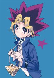 Rule 34 | 1boy, amezawa koma, blonde hair, blue background, blue jacket, bright pupils, closed mouth, dot mouth, dyed bangs, hands up, jacket, long sleeves, looking at viewer, millennium puzzle, multicolored hair, muto yugi, open clothes, open jacket, parted lips, purple eyes, purple hair, shirt, simple background, solo, two-tone hair, white pupils, white shirt, yu-gi-oh!, yu-gi-oh! duel monsters