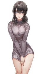 Rule 34 | 1girl, black hair, blue eyes, breasts, dress, grey sweater, highres, large breasts, long hair, long sleeves, looking at viewer, mole, mole under eye, nakeuna, open mouth, original, ribbed sweater, simple background, smile, solo, sweat, sweater, sweater dress, thighs, turtleneck, turtleneck sweater, v arms, white background