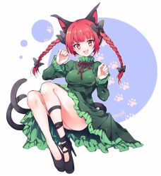 Rule 34 | 1girl, :d, animal ears, bad id, bad twitter id, black bow, black footwear, black ribbon, bow, braid, cat ears, cat tail, commentary request, dress, fang, footwear bow, frilled dress, frills, green dress, hair bow, kaenbyou rin, leg ribbon, looking at viewer, multiple tails, open mouth, paw print, red eyes, red hair, ribbon, shoes, short hair, simple background, smile, solo, tagme, tail, touhou, twin braids, two tails, yukimiya (parupunta)