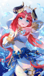 Rule 34 | 1girl, :d, absurdres, blue bow, blue eyes, blue skirt, blush, bow, brooch, circlet, cowboy shot, crop top, detached sleeves, floating hair, genshin impact, glint, gold trim, gradient background, gradient eyes, heart, highres, horns, jewelry, long hair, long sleeves, looking at viewer, multicolored eyes, navel, neck ring, nilou (genshin impact), open mouth, parted bangs, pelvic curtain, puffy long sleeves, puffy sleeves, red hair, seigaaaa, skirt, smile, solo, stomach, thighlet, twintails, twitter username, vambraces, veil, vision (genshin impact), water