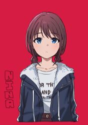 Rule 34 | 1girl, arms at sides, blue eyes, blue jacket, brown hair, character name, closed mouth, clothes writing, cropped torso, girls band cry, highres, iseri nina, jacket, light blush, long sleeves, open clothes, open jacket, red background, shirt, shirt tucked in, short hair, short twintails, simple background, solo, straight-on, teshima nari, twintails, upper body, white shirt
