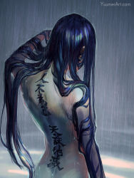 Rule 34 | 1girl, black hair, commentary, english commentary, facing away, from behind, highres, iridescent, long hair, nude, original, rain, solo, standing, tattoo, watermark, web address, wet, wet hair, yuumei