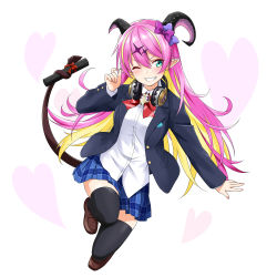 Rule 34 | 1girl, ;), alternate costume, aqua eyes, asymmetrical horns, blazer, blonde hair, blush, bow, bowtie, breasts, demon horns, felutiahime, hair between eyes, hair ornament, hand up, headphones, headphones around neck, highres, holding, holding microphone, holding with tail, hololive, horns, jacket, loafers, long hair, looking at viewer, mano aloe, microphone, multicolored hair, nail polish, one eye closed, pink hair, plaid, plaid skirt, pleated skirt, pointy ears, prehensile tail, shirt, shoes, skirt, smile, solo, tail, thighhighs, two-tone hair, uneven horns, virtual youtuber