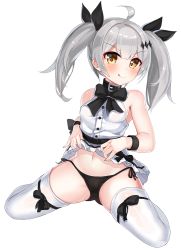 Rule 34 | 1girl, 2drr, :q, aged down, ahoge, bare shoulders, belt, belt buckle, belt collar, black belt, black bow, black collar, black panties, black ribbon, blush, bow, breasts, brown eyes, buckle, closed mouth, clothes lift, collar, commentary, dress, dress lift, five-seven (adventures of fenfen) (girls&#039; frontline), five-seven (girls&#039; frontline), full body, girls&#039; frontline, hair between eyes, hair ornament, hair ribbon, lifting own clothes, long hair, looking at viewer, navel, official alternate costume, panties, ribbon, side-tie panties, silver hair, simple background, sitting, small breasts, smile, solo, spread legs, thighhighs, tongue, tongue out, twintails, underwear, v-shaped eyebrows, wariza, white background, white dress, white thighhighs