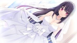 Rule 34 | 1girl, ao no kanata no four rhythm, breasts, bridal veil, brown hair, cleavage, closed eyes, collarbone, diadem, dress, dutch angle, earrings, elbow gloves, floating hair, game cg, gloves, hair between eyes, hair ornament, jewelry, large breasts, long dress, long hair, looking at viewer, necklace, skirt hold, solo, standing, strapless, strapless dress, suzumori, tobisawa misaki, veil, very long hair, wedding dress, white dress, white gloves, x hair ornament