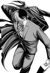 Rule 34 | 1boy, black jack (character), black jack (series), briefcase, closed mouth, coat, greyscale, hair over one eye, highres, holding, holding briefcase, holding clothes, holding coat, jacket, looking ahead, male focus, monochrome, multicolored hair, oldkin, pants, ribbon, simple background, solo, split-color hair, two-tone hair