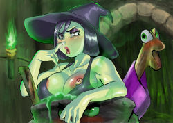 Rule 34 | 1girl, banjo-kazooie, black hair, bored, breasts, colored skin, dingpot, ganguro (zerodigiporu), green skin, gruntilda&#039;s broomstick, gruntilda winkybunion, hat, highres, large breasts, nipple slip, nipples, nose picking, nude, red eyes, snot, solo, witch, witch hat