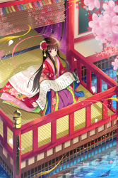 Rule 34 | 1girl, aibumi, black hair, blush, flower, hair flower, hair ornament, highres, holding, holding scroll, japanese clothes, kimono, layered clothes, layered kimono, long hair, looking at viewer, original, petals, red eyes, scroll, seiza, sitting, smile, solo