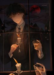 Rule 34 | 1boy, black hair, black jacket, brown eyes, candle, candlelight, circle of inevitability, cup, dark, fingernails, guoqiao13582, highres, holding, holding candle, holding cup, indoors, jacket, klein moretti, looking at viewer, lord of the mysteries, male focus, necktie, parted lips, reflection, shirt, short hair, signature, smile, solo, teeth, vest, white shirt, window