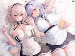 Rule 34 | 2girls, anchor choker, apron, azur lane, black dress, breasts, center frills, cleavage, clothing cutout, collar, dido (azur lane), dress, framed breasts, frilled apron, frilled dress, frills, from above, highres, huge breasts, large breasts, looking at viewer, looking up, lying, manjuu (azur lane), metal collar, multiple girls, non-web source, official art, on back, petals, puffy short sleeves, puffy sleeves, purple eyes, red eyes, short sleeves, sirius (azur lane), sleeveless, sora 72-iro, thighhighs, underboob, underboob cutout, white apron, white dress, white hair, white thighhighs, zettai ryouiki, zzz