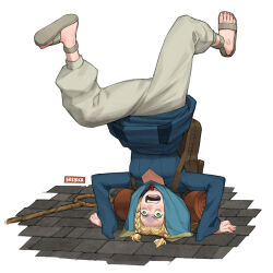 Rule 34 | 1girl, :o, arm support, backpack, bag, blonde hair, blue sweater, braid, breakdance, breikka, commentary, dancing, dungeon meshi, elf, english commentary, forehead, gladiator sandals, green eyes, grey pants, hood, hooded sweater, long hair, long sleeves, looking at viewer, marcille donato, outdoors, pants, parted bangs, pointy ears, sandals, screaming, sidelocks, simple background, single braid, solo, spread legs, sweater, toes, upside-down, v-shaped eyebrows, white background
