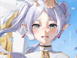 Rule 34 | 1girl, 1other, blue sky, capelet, commentary request, crying, crying with eyes open, dangle earrings, day, drop earrings, earrings, elf, falling petals, frieren, gold trim, green eyes, grey hair, hand on another&#039;s head, highres, jewelry, outdoors, petals, pointy ears, sky, sousou no frieren, tears, twintails, white capelet, yoitsuki nema