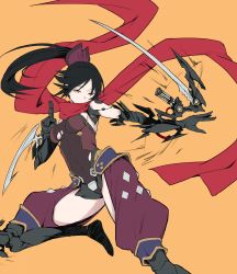 Rule 34 | 1girl, absurdres, black hair, black leotard, blade, breasts, closed mouth, covered navel, expressionless, fate/grand order, fate (series), flat color, floating hair, highres, holding, holding sword, holding weapon, katou danzou (fate), legs apart, leotard, long hair, mechanical arms, medium breasts, ninja, orange background, ponytail, red scarf, scarf, sideboob, sidelocks, simple background, single mechanical arm, solo, sword, thighs, tsurime, utu (ldnsft), weapon, yellow eyes