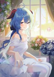 Rule 34 | 1girl, ahoge, bare shoulders, black bow, blue hair, blush, bow, breasts, cleavage, commentary, curtains, dress, falling petals, feet out of frame, flower, frilled dress, frills, ganyu (genshin impact), genshin impact, glint, goat horns, gradient eyes, hair between eyes, hair bow, highres, horns, indoors, jewelry, long hair, looking at viewer, low ponytail, medium breasts, multicolored eyes, off-shoulder dress, off shoulder, outstretched hand, parted lips, petals, plant, purple eyes, red flower, red rose, ring, rose, sidelocks, sitting, smile, solo, thighhighs, thighs, tree, wedding dress, wedding ring, white dress, white flower, white thighhighs, window, yampa, zettai ryouiki