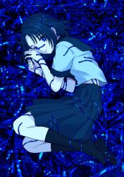 Rule 34 | 1girl, abstract background, absurdres, black hair, black sailor collar, black skirt, black socks, blue background, blue theme, bright pupils, cable, commentary request, full body, hair ornament, hairclip, hands up, highres, ily., kneehighs, knees up, looking at viewer, looking to the side, lying, medium hair, midriff peek, narume, no shoes, on side, parted lips, pixel art, sailor collar, shirt, skirt, socks, solo, white pupils, white shirt, yurizawa airi