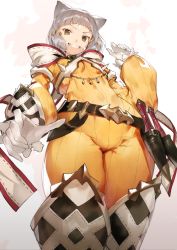 Rule 34 | 1girl, animal ears, blunt bangs, bodysuit, cat ears, gloves, looking at viewer, nia (xenoblade), nintendo, short hair, simple background, smile, solo, toridamono, white gloves, xenoblade chronicles (series), xenoblade chronicles 2, yellow bodysuit, yellow eyes