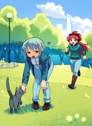 Rule 34 | 2girls, :d, absurdres, bent over, black bow, black cat, blue eyes, blue hair, blue jacket, blue pants, blue sky, blush, boots, bow, brown footwear, cat, cloud, commentary, cross-laced footwear, day, denim, english commentary, fang, flower, fortissimo, gloamy, grass, green jacket, hair bow, hair ornament, hairclip, happy, heart, highres, jacket, jeans, jewelry, lamppost, long hair, long sleeves, mahou shoujo madoka magica, mahou shoujo madoka magica (anime), miki sayaka, multiple girls, musical note, musical note hair ornament, open mouth, outdoors, pants, park, petting, red eyes, red hair, ring, running, sakura kyoko, shirt, short hair, sky, smile, tree, white shirt