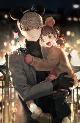 Rule 34 | 1boy, 1girl, absurdres, animal ears, black gloves, black sweater, blurry, bokeh, boots, brown eyes, brown footwear, brown hair, brown jacket, btmr game, carrying, child, city lights, depth of field, doujima nanako, dress, fake animal ears, gloves, grey eyes, grey jacket, hair bobbles, hair ornament, hat, highres, jacket, long sleeves, low twintails, mini hat, narukami yuu, night, open mouth, outdoors, persona, persona 4, pink dress, pink gloves, short twintails, signature, silver hair, smile, star (symbol), star wand, sweater, turtleneck, turtleneck sweater, twintails, wand, witch hat