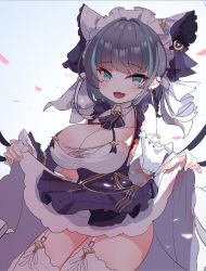 Rule 34 | 14c, 1girl, azur lane, bare shoulders, black hair, blue eyes, blue hair, blunt bangs, blush, breasts, cheshire (azur lane), cleavage, clothes lift, commentary request, detached sleeves, dress, dress lift, earrings, fang, frilled dress, frilled ribbon, frills, garter straps, hair ribbon, highres, jewelry, large breasts, lifting own clothes, looking at viewer, maid, maid headdress, multicolored hair, open mouth, petals, ribbon, smile, solo, streaked hair, thighhighs, thighs, unfinished, white ribbon, white thighhighs