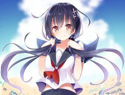 Rule 34 | 1girl, arms at sides, black hair, black skirt, blue sky, blurry, blush, brown eyes, c:, closed mouth, cloud, cloudy sky, collarbone, day, depth of field, hair between eyes, hands up, holding, holding hair, kakao (chocolate land), long hair, looking at viewer, low twintails, original, outdoors, pleated skirt, school uniform, serafuku, short sleeves, skirt, sky, smile, solo, twintails, upper body