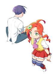Rule 34 | 1boy, 1girl, 4lily, ahoge, andou ringo, character hair ornament, closed mouth, drill hair, full body, green eyes, hair ornament, highres, looking at viewer, pleated skirt, purple hair, puyopuyo, puyopuyo 7, red hair, sasaki maguro, school uniform, short hair, simple background, skirt, smile, sweater vest, thighhighs, twin drills, twintails, white background